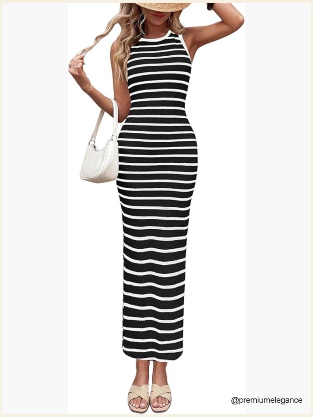 Striped Knit Maxi Dress Side Slit Bodycon Summer Beach Vacation
